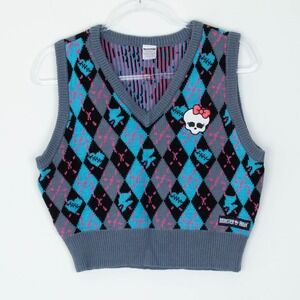 Monster High Womens Argyle V Neck Sweater Vest Size L Checkered Twee Preppy Goth